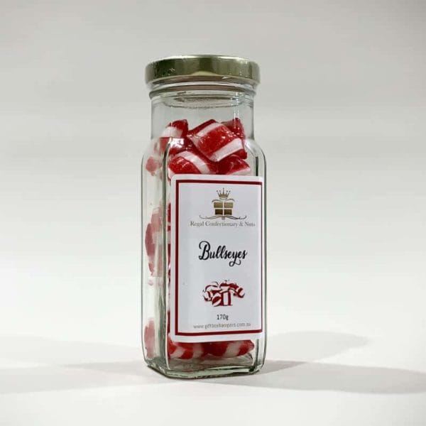 A jar filled with candy labeled "bellini" - a refreshing treat of peppermint Bullseyes, gluten-free and vegan, evoking childhood memories.