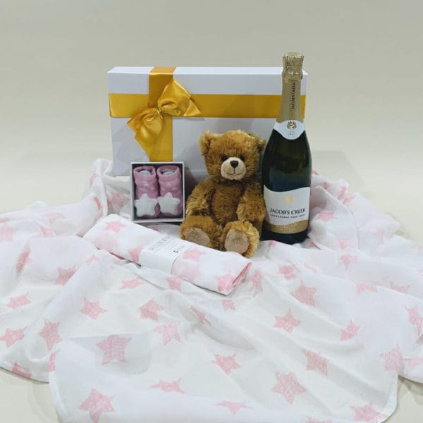 Baby Girl Gift Hamper image. Pink & White Teddy, Bunny Booties, Muslin Cotton Wrap, Chardonnay Pinot Noir. Buy online or Phone 03 5174 4888