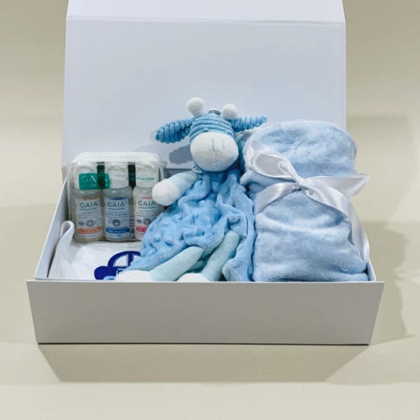 Boy Baby Hamper image. Blue Fleece Blanket, Soft Blue Giraffe Comforter, 3 baby care travel bottles, Bandana Bibs. Online or Ph 03-5174-4888