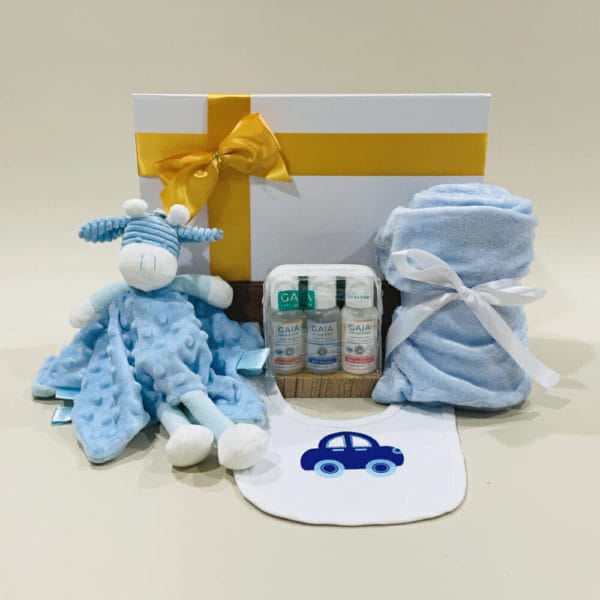 Boy Baby Hamper image. Blue Fleece Blanket, Soft Blue Giraffe Comforter, 3 baby care travel bottles, Bandana Bibs. Online or Ph 03-5174-4888