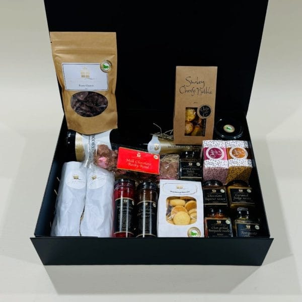 Celebration Gift Box Hamper image. Antipasto, shortbread, choc almonds, pudding, cake, chardonnay pinot noir. Online or Phone 03 5174 4888
