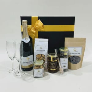 Celebration Gift Hamper image - Chardonnay Pinot Noir 2 Flute Glasses Gold Flake Honey Shortbread Choc coated Almonds & Sweets. Buy online
