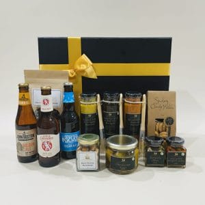 Gift hamper for men image. 3 Craft Beers 3 gourmet marinates antipasto cashew nuts and chocolate coated almonds. Online or Ph 03 5174 4888