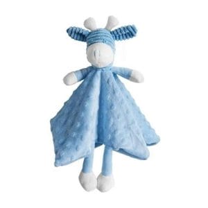 Giraffe Comforter Blue image. Soft, cuddly blue giraffe comforter. With embroidered eyes nose perfect for newborns. Online or ph 03 51744888