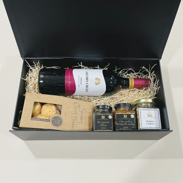 Good Times Gift Hamper image. Treat someone special with savoury treats. Relax with a glass of Jacobs Creek red a perfect appetiser. Online or Phone 03 51744888