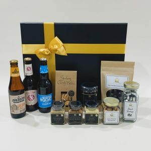 Gourmet Picnic Hamper image. Gourmet mustards nibbles nuts and tasty treats with crafted beers to enjoy. Buy Online or Phone 03 5174 4888