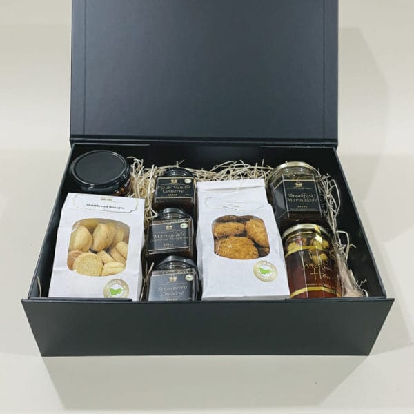 Morning Tea Hamper image. Gourmet conserves, citrus marmalade, roasted hazelnut honey with shortbread biscuits. Online or Phone 03 5174-4888