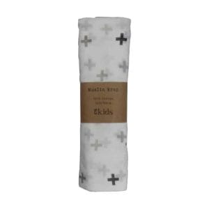 Muslin Wrap Grey Cross image. Baby muslin wrap in a grey cross print.100% cotton perfect for a newborn Buy Now Online or Phone 03-51744-888