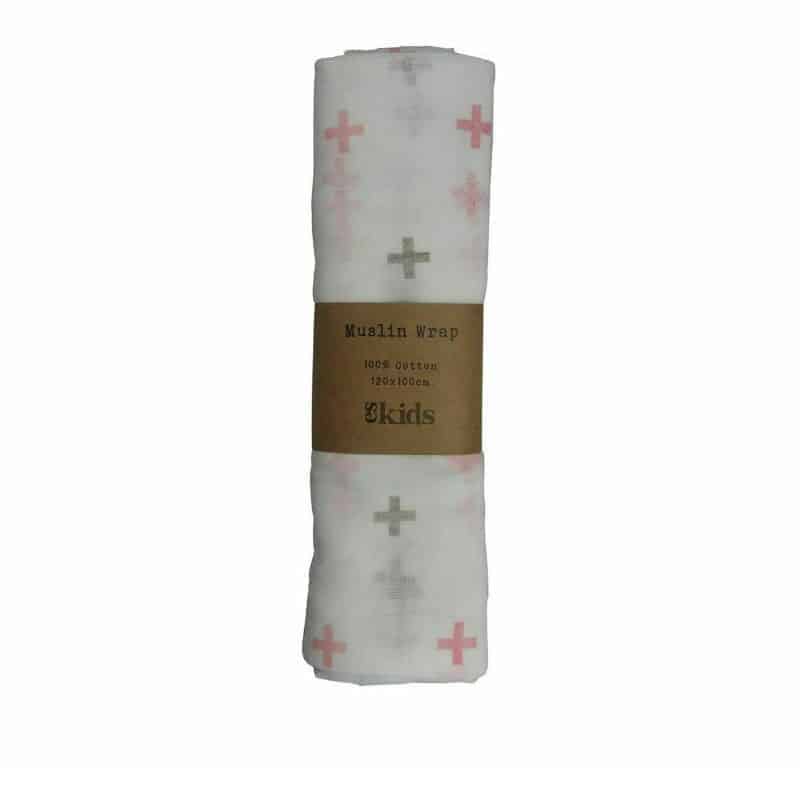 Muslin Wrap Pink Cross image. Muslin wrap baby in a pink cross print.100% cotton perfect for a newborn Buy Now Online or Phone 03-51744-888