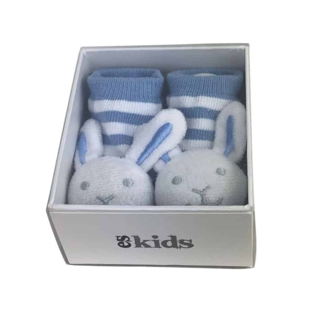 Baby Socks with Rattles Blue image. These gorgeous blue bunny socks come with rattles in the toes (0-6mths). Buy Online or Ph: 03-5174-4888