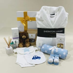 Baby Boy and New Mum Hamper image. Soft teddy, baby blanket, romper suit, skincare, bathrobe, treats for mum & more. Online or Ph 0351744888