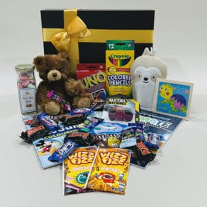 Hamper For Boys Fun Activity Hamper image. Colouring Books Pencils Stickers Novelty Bathing Glove Teddy and more.Online / Phone 03 5174-4888