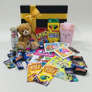 Hamper For Kids Girls Fun Activity Hamper image. Colouring Books Pencils Stickers Novelty Bathing Glove Teddy and more. Phone 03 5174-4888