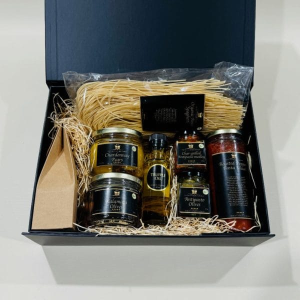 Mediterranean Gift Box Hamper image. Antipasto with Nibbles Truffle Oil Pasta & Sambuca & Fennel Pasta Sauce. Buy Online Phone 035174-4888
