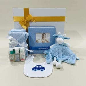 New Baby Boy Hamper image. Soft Blue Blanket, Giraffe comforter, Photo Album, 3 baby care bottles & Bib. Buy Now Online or Phone 03-51744888