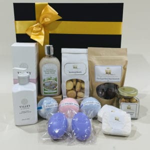 Relaxing Hamper image - Soft skin products with sugar & spice biscuits, chocolate macadamias & sugar almonds. Buy online or Ph 03 5174 4888