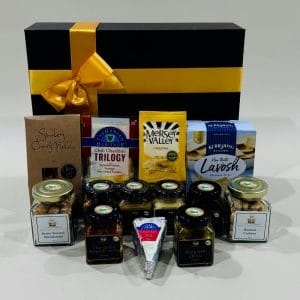 Gourmet Cheese Hamper image. Antipasto medley, olives & nuts, crackers, cheeses, mustards, caramel onion relish. Online or Ph: 03 5174 4888