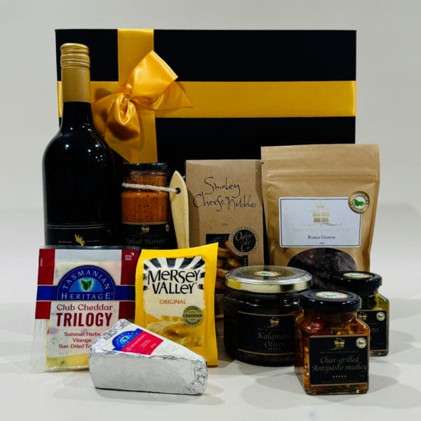 Mediterranean Hamper Cheese Hamper image. Sweet & savoury nibbles with cheese to enjoy & a bottle of red to share. Online or Ph: 03 51744888