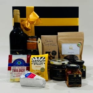 Mediterranean Hamper Cheese Hamper image. Sweet & savoury nibbles with cheese to enjoy & a bottle of red to share. Online or Ph: 03 51744888