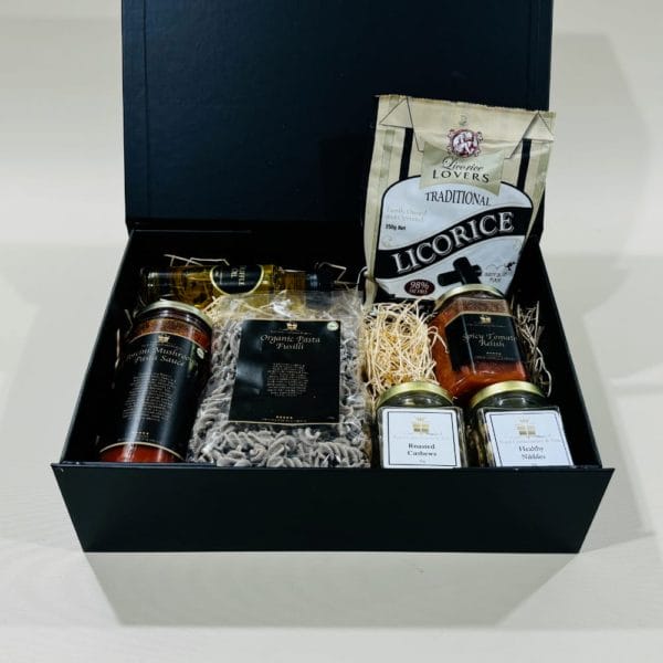 Vegan Hamper image. Truffle oil, healthy nibbles and dry roasted cashew nuts, soft licorice. Buy Online now or phone 03-5174-4888
