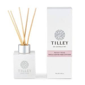 Peony rose aromatic reed diffuser 75ml image. Blousy blooms with an intoxicatingly sweet and alluring perfume. Buy Online or Ph 03-5174-4888