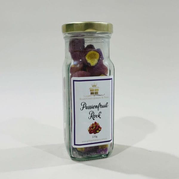 Passionfruit Rock 170g image. Beautifully presented jar of Passionfruit Rock Candy, hand made here in Victoria. Online or Phone 03-5174-4888