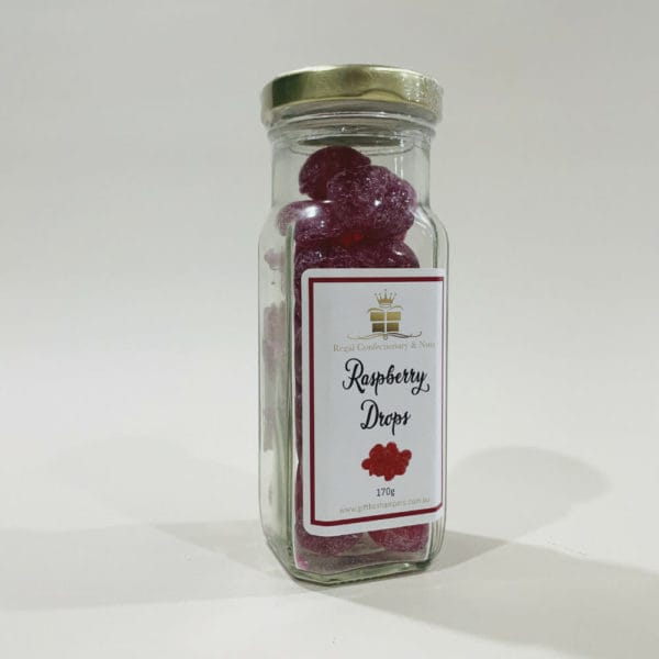 A jar of raspberry drops with a label reading 'Raspberry Drops 170g'.