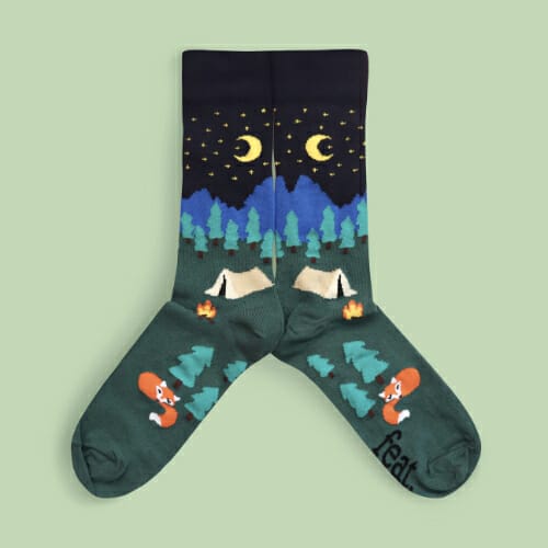 Mens Camping socks image. Men' Night-time camping scene featuring blue mountains & a sleeping fox Novelty gift. Online or Phone 03-5174-4888