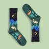 Mens Camping socks image. Men' Night-time camping scene featuring blue mountains & a sleeping fox Novelty gift. Online or Phone 03-5174-4888