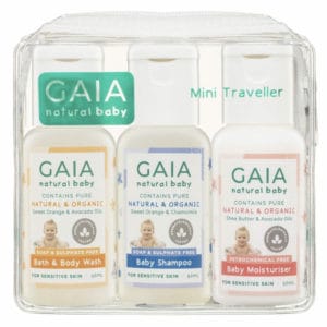 GAIA Natural Baby Mini Traveller image. Contains 3 of Gaias bestselling baby care products in 50ml travel bottles. Online or Ph 03-5174-4888