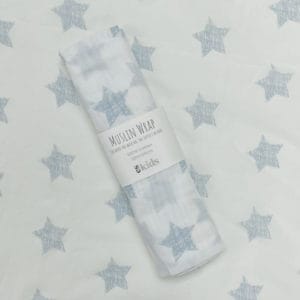 Muslin Wrap Blue Star image. Light weight 100% muslin soft cotton wrap with blue scribble stars. Buy Now Online or Phone 03 5174-4888