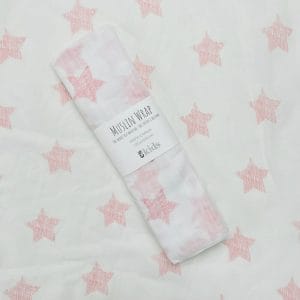 Muslin Wrap Pink Star image. Light weight 100% muslin soft cotton wrap with pink scribble stars. Buy Now Online or Phone 03 5174-4888