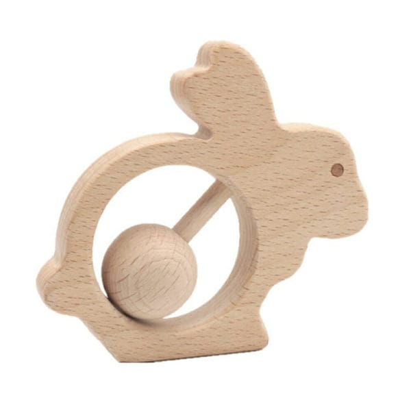 Wooden Baby Rattle - A Bunny With A Ball image. This rattle has a very original shape bunny with a ball. Buy now Online or Phone 03 51744888
