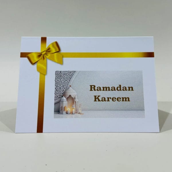 Ramadan Kareem greeting card with intricate patterns and a warm message of blessings.