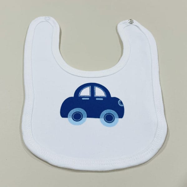 Baby White Bib with Blue Car image. 100% cotton & super soft to touch. This bib is functional & has a printed blue car motif. Ph: 0351744888