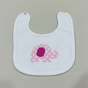 Baby White Bib with Pink Elephant image. 100% cotton & soft to touch. This bib is useful & has a printed pink elephant motif. Ph: 0351744888