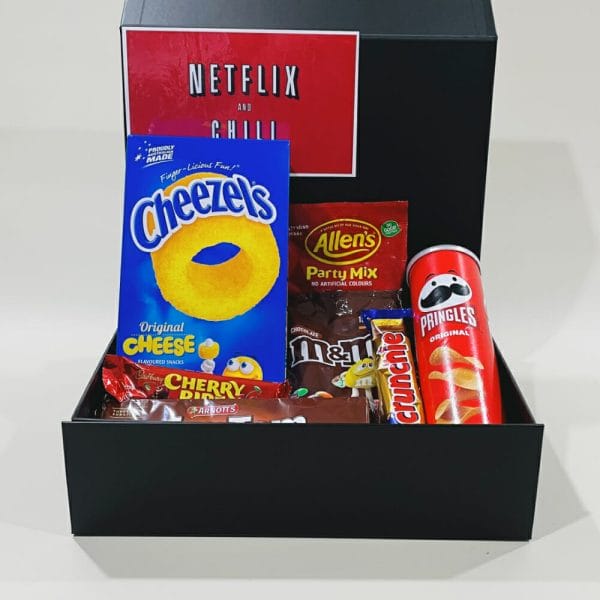 Netflix and Chill Hamper image. A great selection of Australia’s favourite treats for the whole family. Buy Now Online or Phone 03-51744888