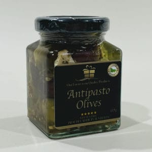Antipasto olives 115g image. Perfect to eat on their own, nibble with your favourite drinks or add to any salads. Online or Ph: 03-51744888