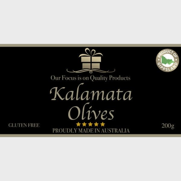 Kalamata Olives 200g image. Traditional Kalamata olives, gently infused with local lemons and fine herbs. Buy Online or Phone 03-5174-4888