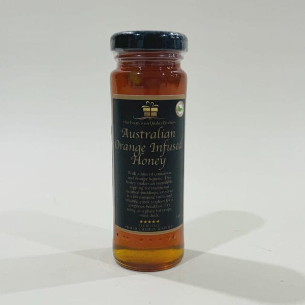 Australian Orange Infused Honey 140g image. Beautiful delicate flavour containing subtle floral and fresh citrus notes. Phone 03-5174-4888