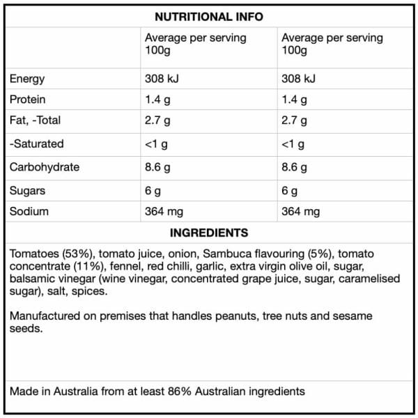 Sambuca Fennel Pasta Sauce 465g image. Sun-ripened Australian tomatoes, full of flavour & extremely versatile. Online or Phone 03-5174-4888