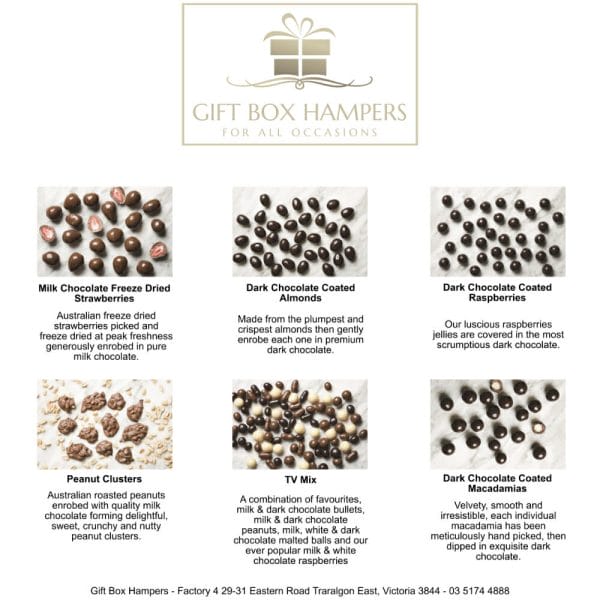 Chocolate Gift Box image. image. An assortment of dark chocolate coated Almonds, Macadamias & Raspberries, TV mix. Online or Ph: 03-51744888