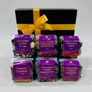 Chocolate Gift Box image. An assortment of dark chocolate coated Almonds, Macadamias & Raspberries, TV mix. Buy Online now or Ph: 0351744888