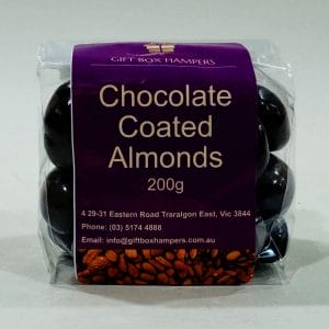 Dark Chocolate Coated Almonds 200g image. Almonds gently enrobe each one in premium dark chocolate. Buy Online now or Phone 03 5174 4888