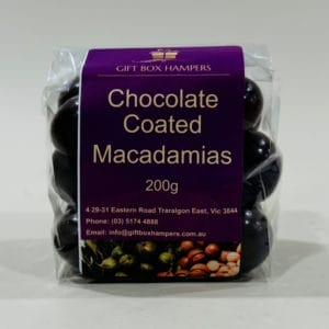 Dark Chocolate Coated Macadamias 200g image. Velvety, smooth and irresistible, with a soft buttery crunch. Buy Online or Phone 03 51744888
