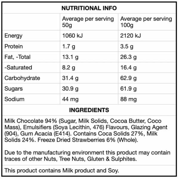 Indulgent milk chocolate protein powder nutrition label with Australian freeze-dried strawberries. Perfect balance of sweet chocolate and tangy strawberry flavour.