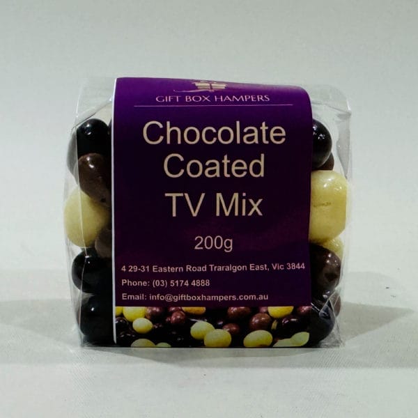 TV Mix Chocolate 200g image. Dark & milk chocolate coated peanuts, raspberries malted balls and licorice bullets.. Online /Phone 03 51744888