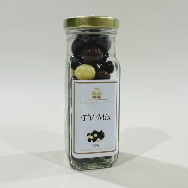 TV Mix Chocolate 160g image. Dark & milk chocolate coated peanuts, raspberries malted balls and licorice bullets.. Online /Phone 03 51744888