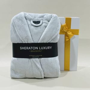 Silver Bathrobe in gift box image. Sheraton Luxury bathrobe is luxuriously soft to touch & warm to wear. Buy Now Online or Phone 03-51744-888