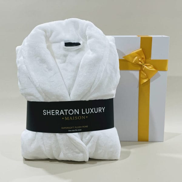 White Bathrobe in gift box image. Sheraton Luxury bathrobe is luxuriously soft to touch & warm to wear. Buy Now Online or Phone 03-51744-888